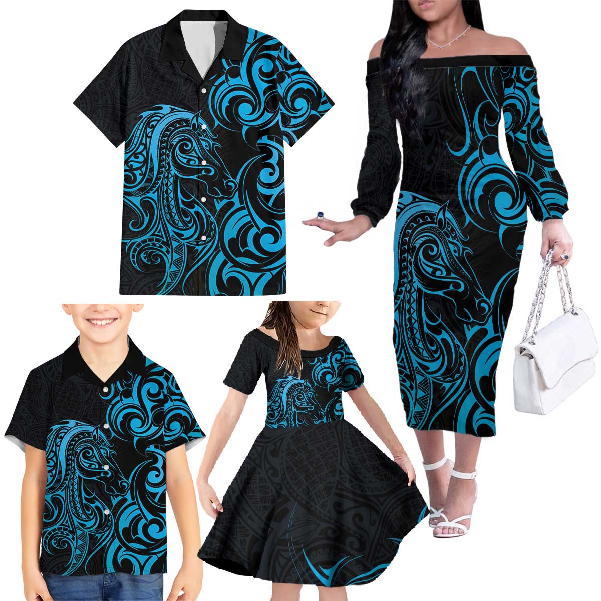 Blue Aoteara Horse Racing Family Matching Off The Shoulder Long Sleeve Dress and Hawaiian Shirt NZ Maori Pattern