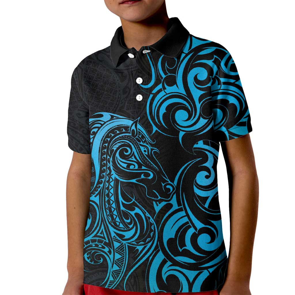 Blue Aoteara Horse Racing Kid Polo Shirt NZ Maori Pattern