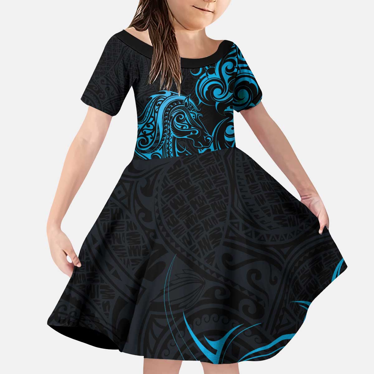 Blue Aoteara Horse Racing Kid Short Sleeve Dress NZ Maori Pattern