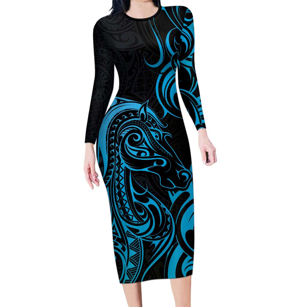 Blue Aoteara Horse Racing Long Sleeve Bodycon Dress NZ Maori Pattern