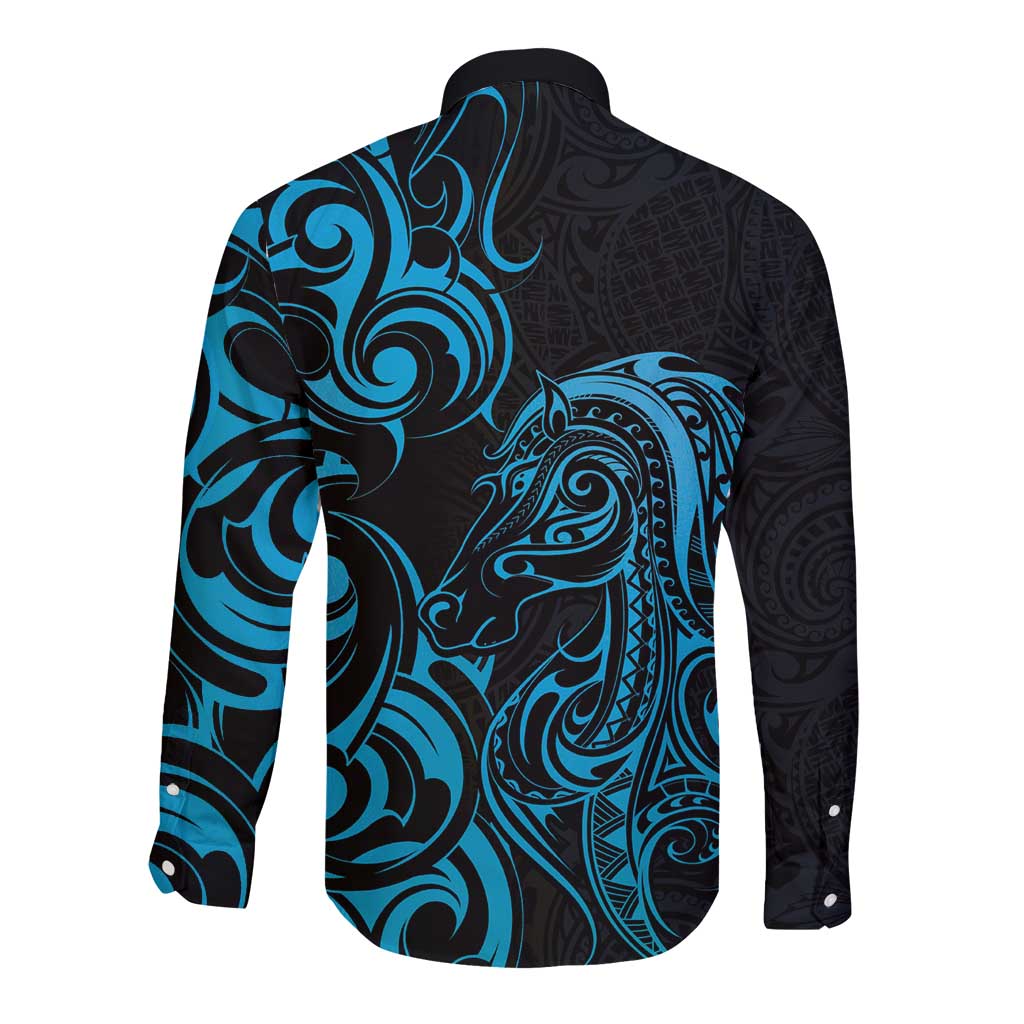 Blue Aoteara Horse Racing Long Sleeve Button Shirt NZ Maori Pattern