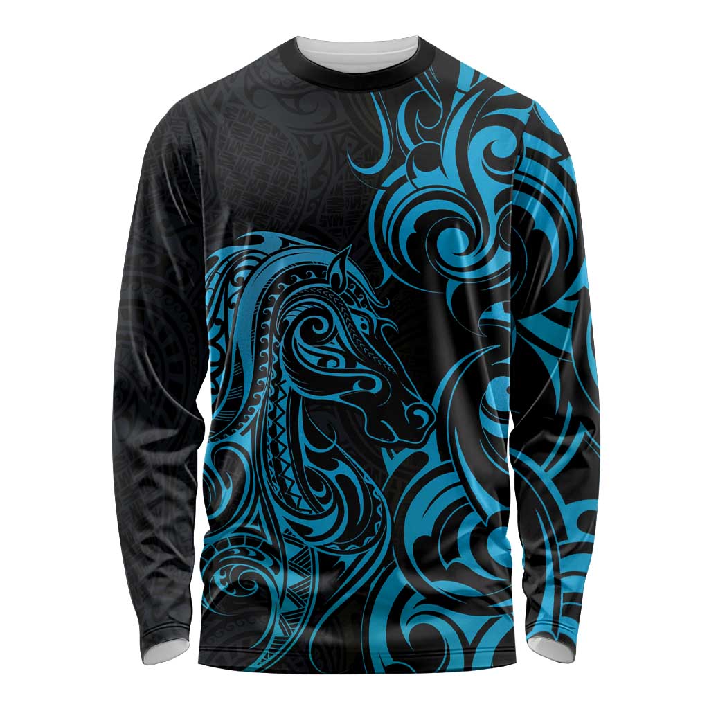 Blue Aoteara Horse Racing Long Sleeve Shirt NZ Maori Pattern