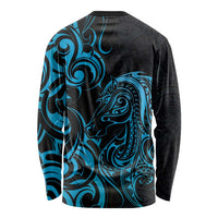 Blue Aoteara Horse Racing Long Sleeve Shirt NZ Maori Pattern