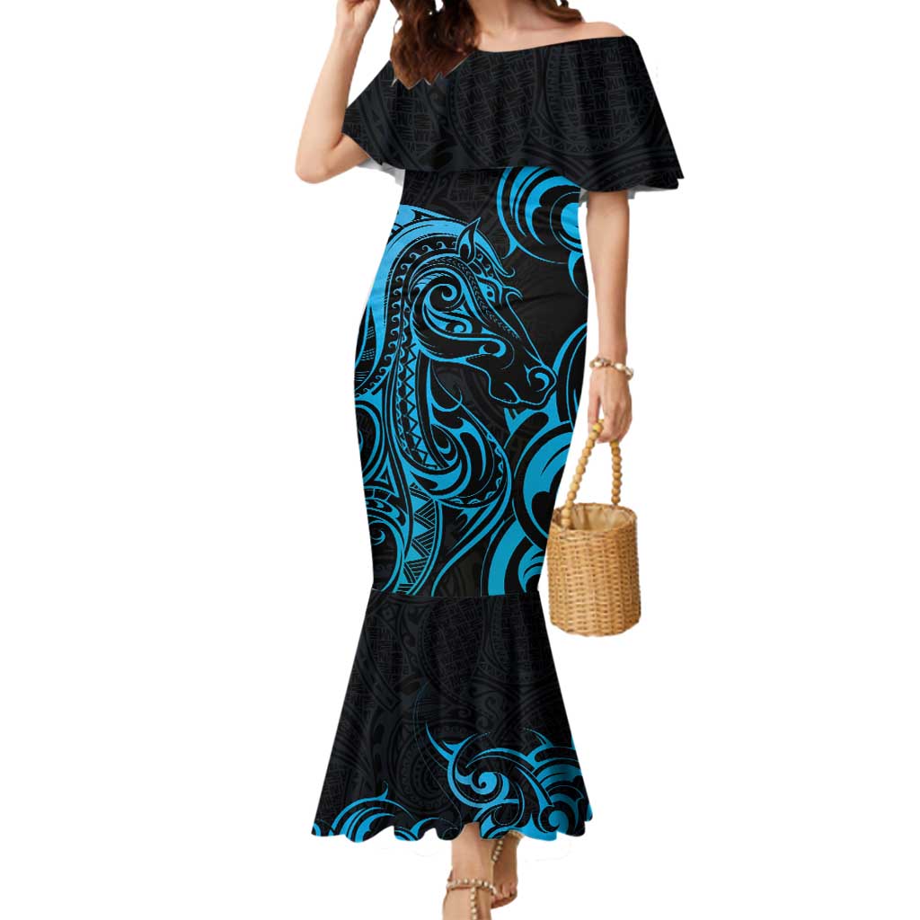 Blue Aoteara Horse Racing Mermaid Dress NZ Maori Pattern