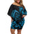 Blue Aoteara Horse Racing Off Shoulder Short Dress NZ Maori Pattern