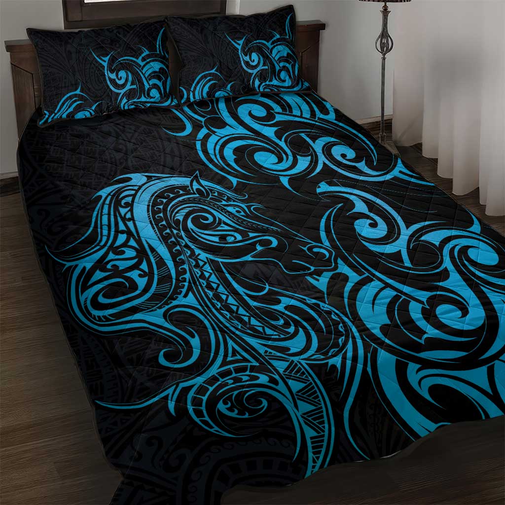 Blue Aoteara Horse Racing Quilt Bed Set NZ Maori Pattern