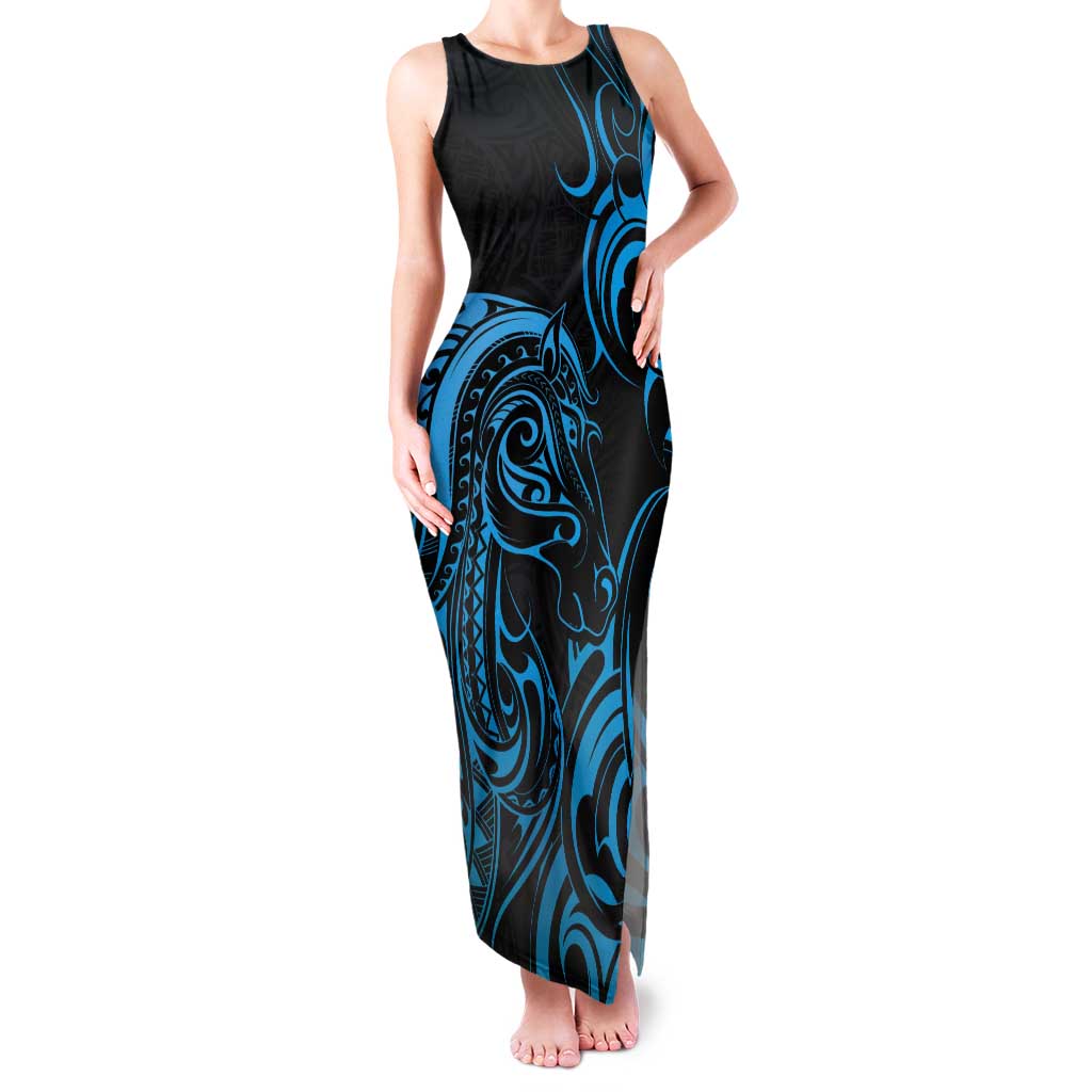 Blue Aoteara Horse Racing Tank Maxi Dress NZ Maori Pattern