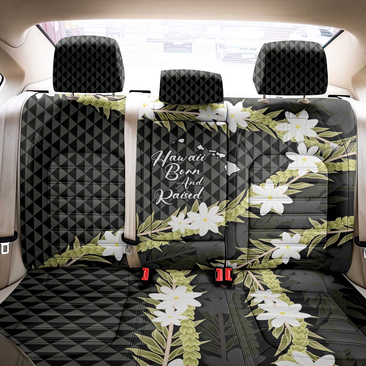 Born And Raised Aloha Hawaii Back Car Seat Cover Kanaka Kakau Hawaiian Tiare Pakalana Lei LT14 - Polynesian Pride