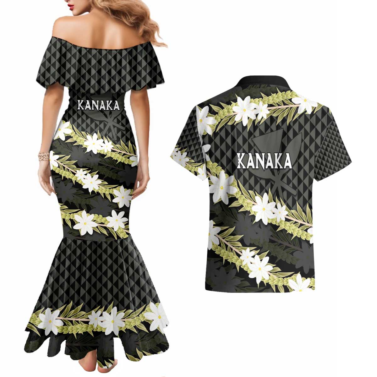 Born And Raised Aloha Hawaii Couples Matching Mermaid Dress and Hawaiian Shirt Kanaka Kakau Hawaiian Tiare Pakalana Lei - Polynesian Pride
