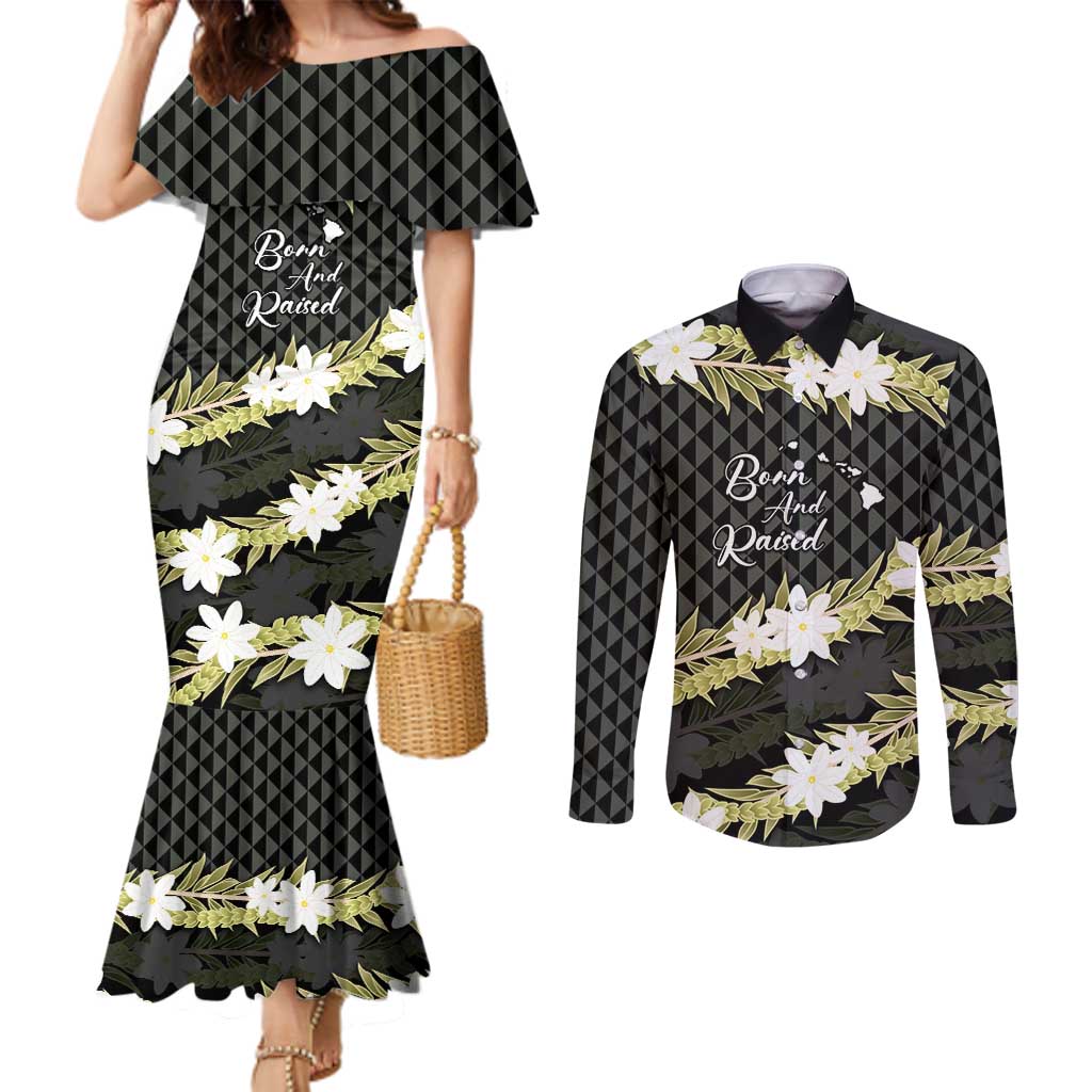 Born And Raised Aloha Hawaii Couples Matching Mermaid Dress and Long Sleeve Button Shirt Kanaka Kakau Hawaiian Tiare Pakalana Lei - Polynesian Pride