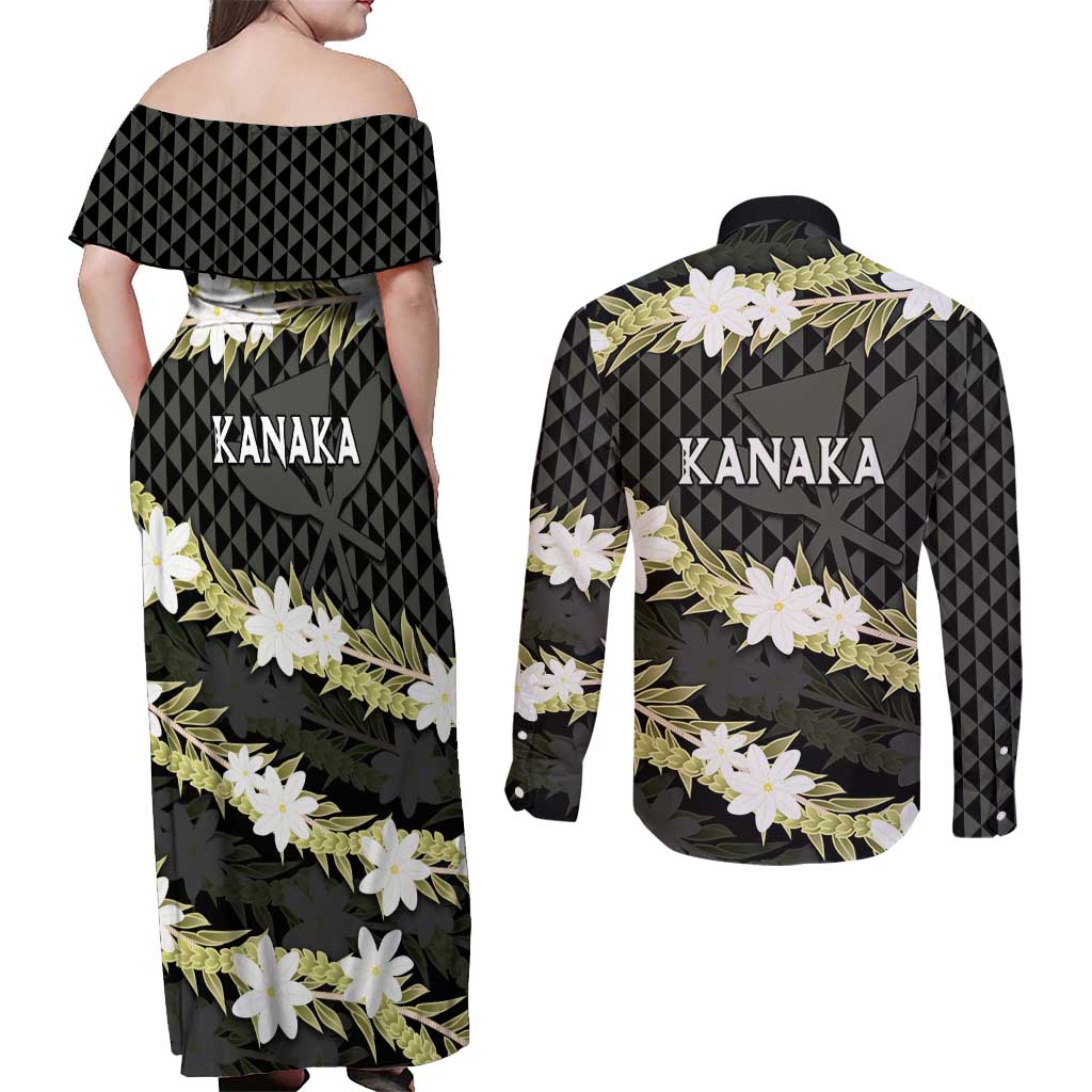 Born And Raised Aloha Hawaii Couples Matching Off Shoulder Maxi Dress and Long Sleeve Button Shirt Kanaka Kakau Hawaiian Tiare Pakalana Lei LT14 - Polynesian Pride