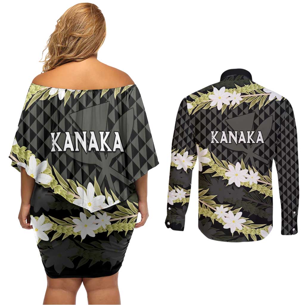 Born And Raised Aloha Hawaii Couples Matching Off Shoulder Short Dress and Long Sleeve Button Shirt Kanaka Kakau Hawaiian Tiare Pakalana Lei LT14 - Polynesian Pride