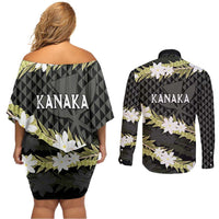 Born And Raised Aloha Hawaii Couples Matching Off Shoulder Short Dress and Long Sleeve Button Shirt Kanaka Kakau Hawaiian Tiare Pakalana Lei LT14 - Polynesian Pride