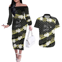 Born And Raised Aloha Hawaii Couples Matching Off The Shoulder Long Sleeve Dress and Hawaiian Shirt Kanaka Kakau Hawaiian Tiare Pakalana Lei LT14 Black - Polynesian Pride