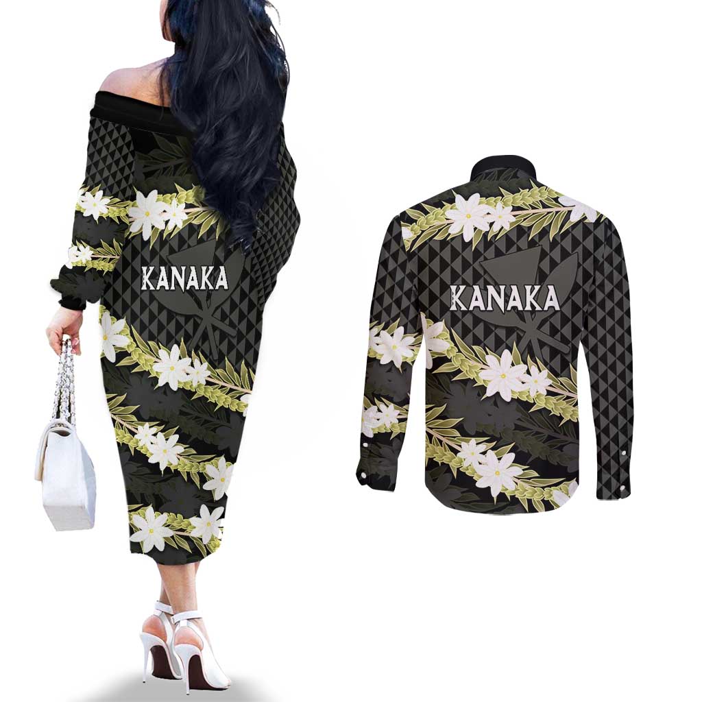 Born And Raised Aloha Hawaii Couples Matching Off The Shoulder Long Sleeve Dress and Long Sleeve Button Shirt Kanaka Kakau Hawaiian Tiare Pakalana Lei LT14 - Polynesian Pride
