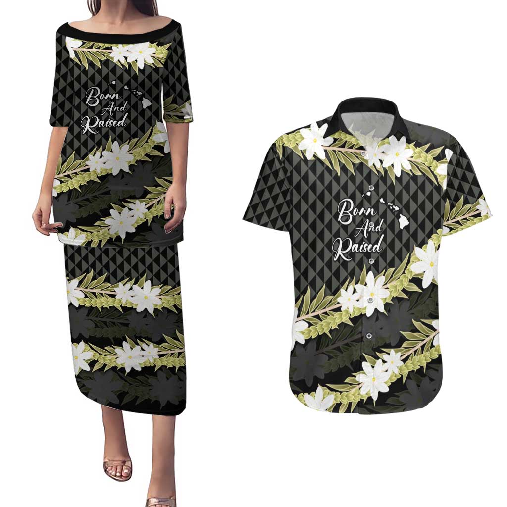 Born And Raised Aloha Hawaii Couples Matching Puletasi and Hawaiian Shirt Kanaka Kakau Hawaiian Tiare Pakalana Lei LT14 Black - Polynesian Pride