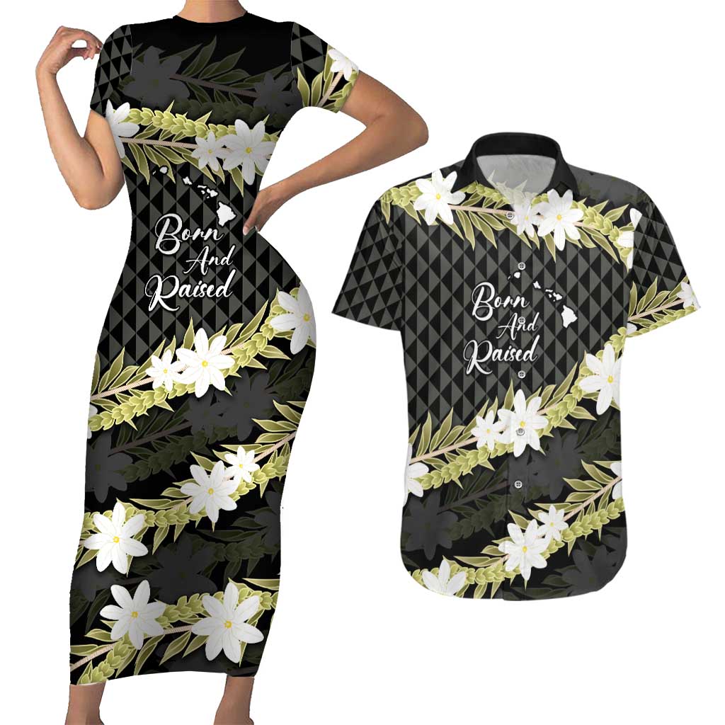 Born And Raised Aloha Hawaii Couples Matching Short Sleeve Bodycon Dress and Hawaiian Shirt Kanaka Kakau Hawaiian Tiare Pakalana Lei LT14 Black - Polynesian Pride