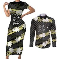 Born And Raised Aloha Hawaii Couples Matching Short Sleeve Bodycon Dress and Long Sleeve Button Shirt Kanaka Kakau Hawaiian Tiare Pakalana Lei - Polynesian Pride