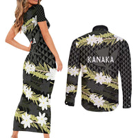 Born And Raised Aloha Hawaii Couples Matching Short Sleeve Bodycon Dress and Long Sleeve Button Shirt Kanaka Kakau Hawaiian Tiare Pakalana Lei - Polynesian Pride