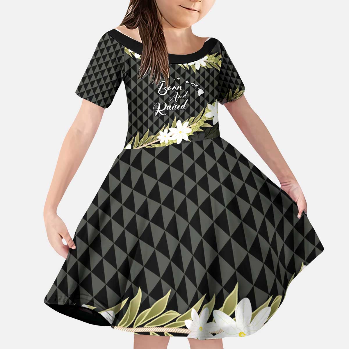 Born And Raised Aloha Hawaii Kid Short Sleeve Dress Kanaka Kakau Hawaiian Tiare Pakalana Lei - Polynesian Pride
