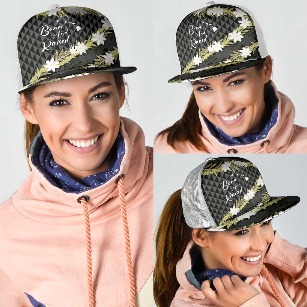 Born And Raised Aloha Hawaii Mesh Trucker Cap Kanaka Kakau Hawaiian Tiare Pakalana Lei - Polynesian Pride