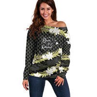 Born And Raised Aloha Hawaii Off Shoulder Sweater Kanaka Kakau Hawaiian Tiare Pakalana Lei - Polynesian Pride