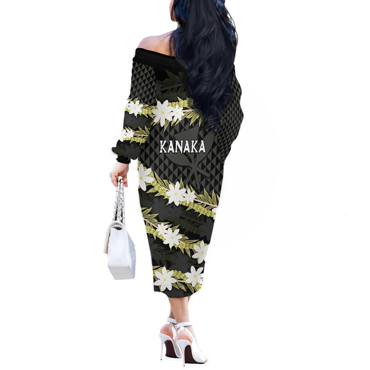 Born And Raised Aloha Hawaii Off The Shoulder Long Sleeve Dress Kanaka Kakau Hawaiian Tiare Pakalana Lei LT14 - Polynesian Pride