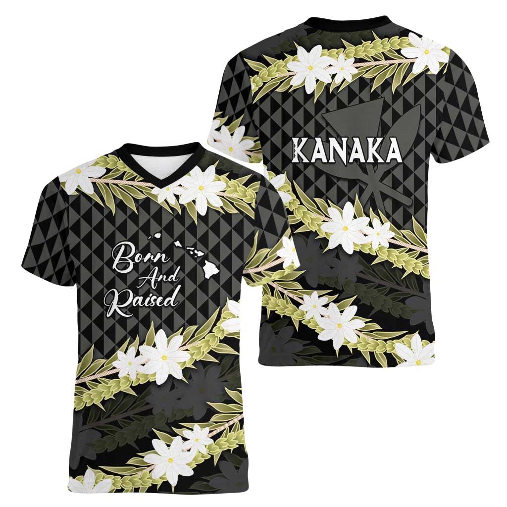 Born And Raised Aloha Hawaii Women V-Neck T-Shirt Kanaka Kakau Hawaiian Tiare Pakalana Lei LT14 - Polynesian Pride