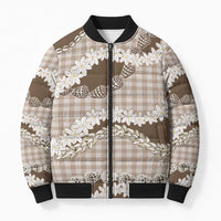 Brown Hawaii Tiare and Shell Lei Bomber Puffer Jacket Hawaiian Palaka Luxury Vibes - Polynesian Pride