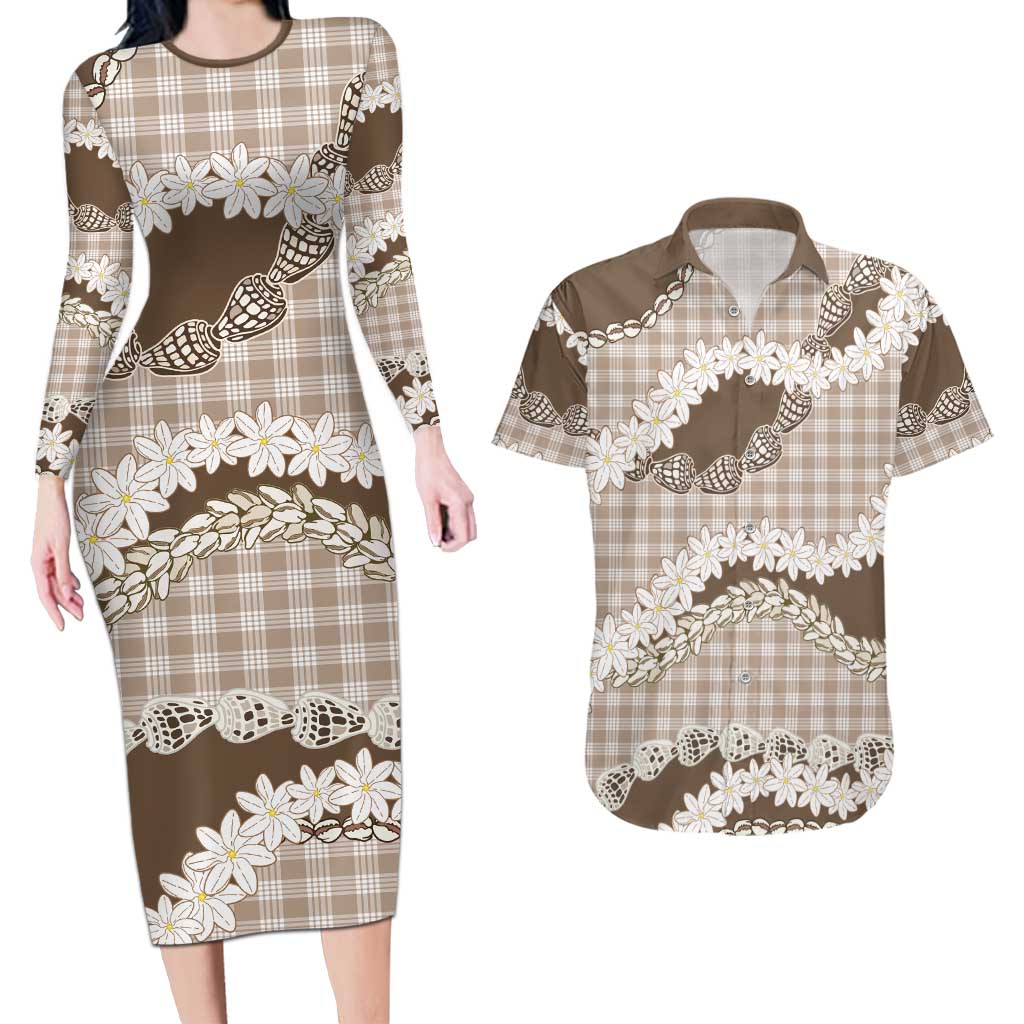 Brown Hawaii Tiare and Shell Lei Couples Matching Long Sleeve Bodycon Dress and Hawaiian Shirt Hawaiian Palaka Luxury Vibes - Polynesian Pride