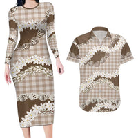 Brown Hawaii Tiare and Shell Lei Couples Matching Long Sleeve Bodycon Dress and Hawaiian Shirt Hawaiian Palaka Luxury Vibes LT14 Brown - Polynesian Pride