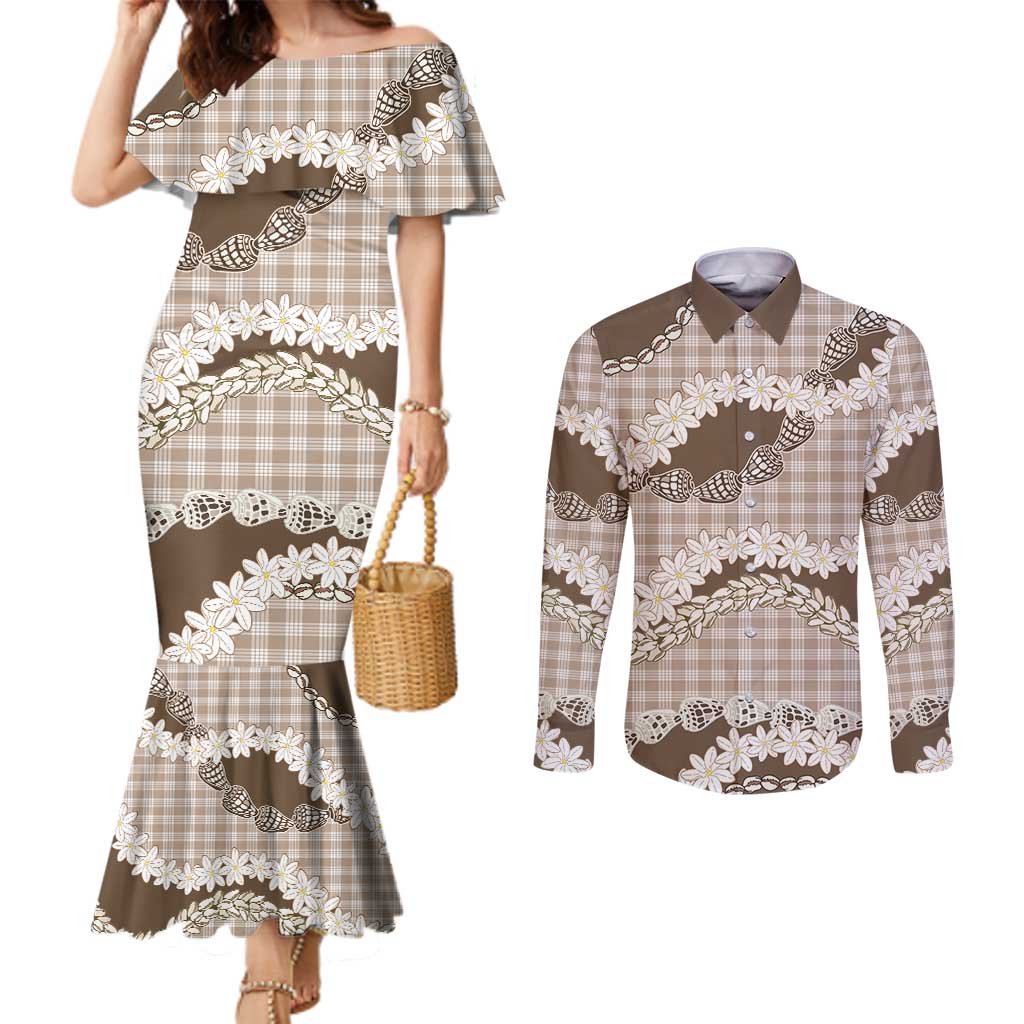 Brown Hawaii Tiare and Shell Lei Couples Matching Mermaid Dress and Long Sleeve Button Shirt Hawaiian Palaka Luxury Vibes - Polynesian Pride