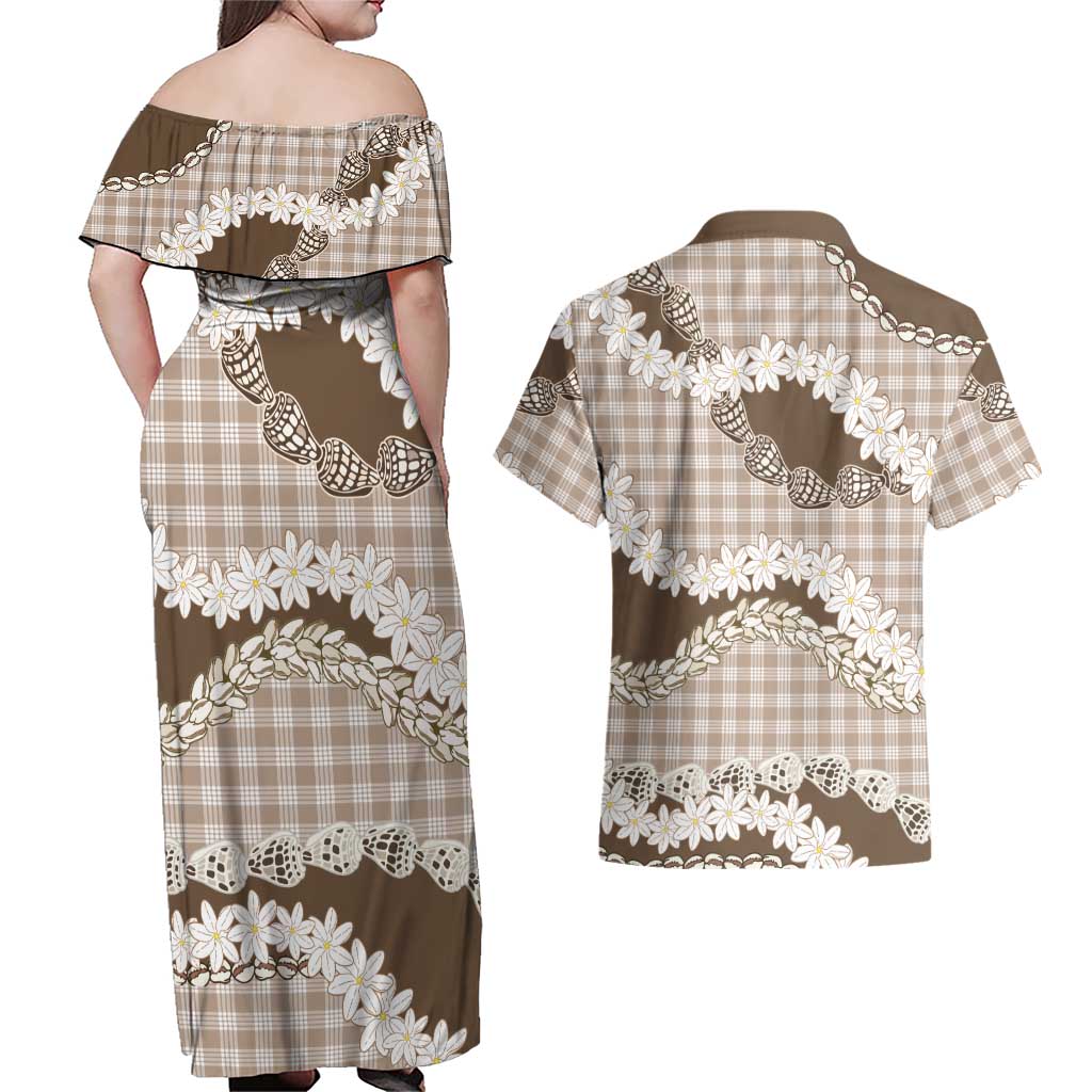 Brown Hawaii Tiare and Shell Lei Couples Matching Off Shoulder Maxi Dress and Hawaiian Shirt Hawaiian Palaka Luxury Vibes - Polynesian Pride