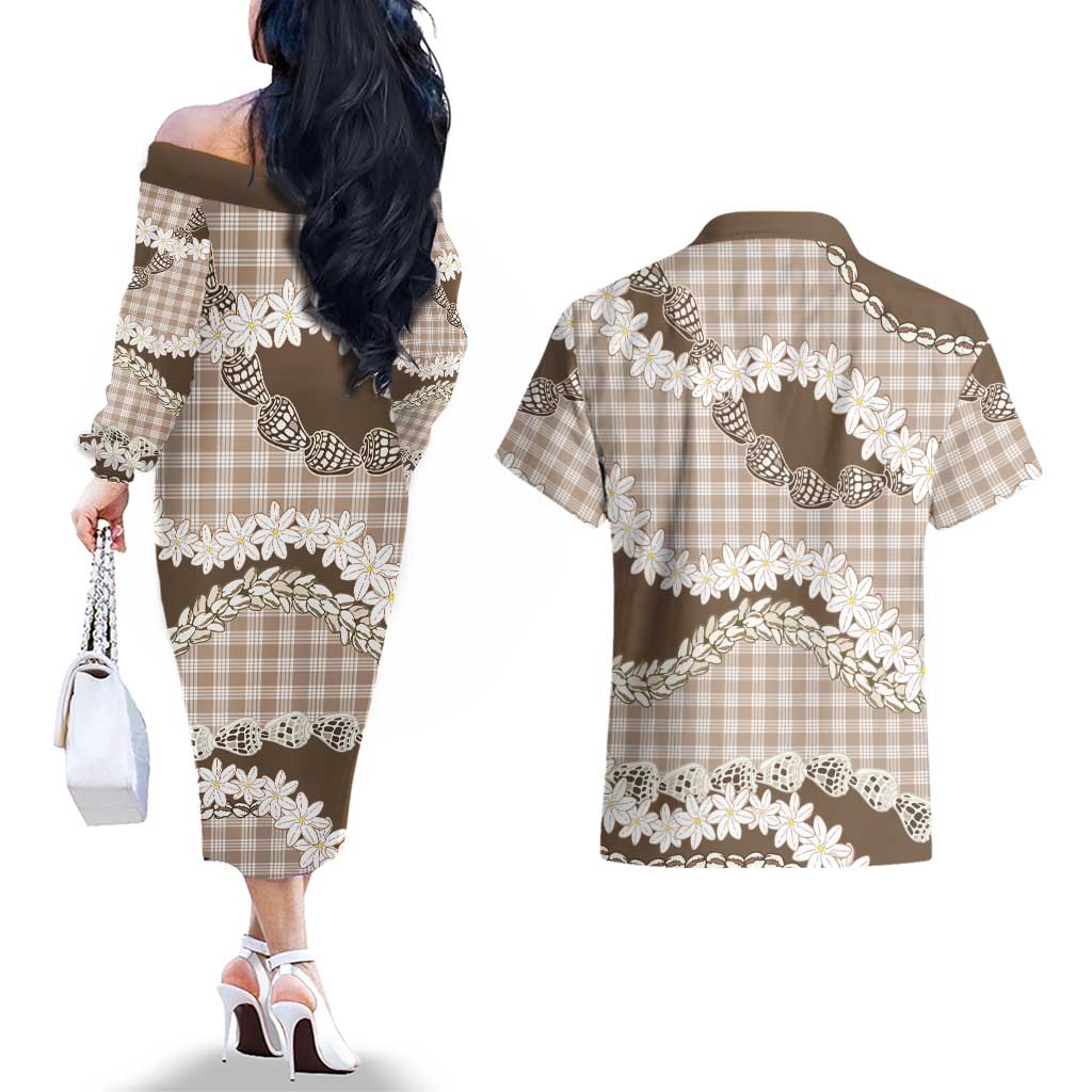 Brown Hawaii Tiare and Shell Lei Couples Matching Off The Shoulder Long Sleeve Dress and Hawaiian Shirt Hawaiian Palaka Luxury Vibes LT14 - Polynesian Pride