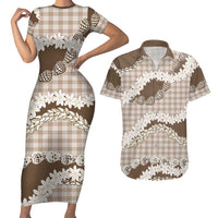 Brown Hawaii Tiare and Shell Lei Couples Matching Short Sleeve Bodycon Dress and Hawaiian Shirt Hawaiian Palaka Luxury Vibes LT14 Brown - Polynesian Pride