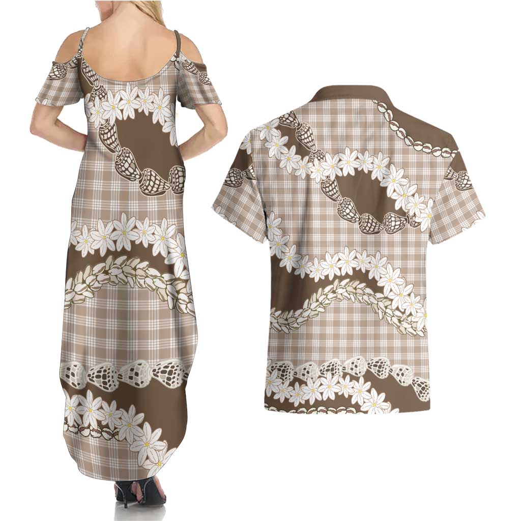 Brown Hawaii Tiare and Shell Lei Couples Matching Summer Maxi Dress and Hawaiian Shirt Hawaiian Palaka Luxury Vibes - Polynesian Pride