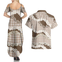 Brown Hawaii Tiare and Shell Lei Couples Matching Summer Maxi Dress and Hawaiian Shirt Hawaiian Palaka Luxury Vibes - Polynesian Pride