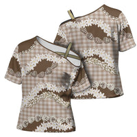 Brown Hawaii Tiare and Shell Lei Cross Shoulder Shirt Hawaiian Palaka Luxury Vibes - Polynesian Pride