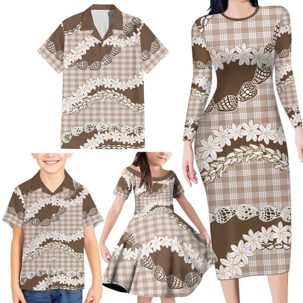 Brown Hawaii Tiare and Shell Lei Family Matching Long Sleeve Bodycon Dress and Hawaiian Shirt Hawaiian Palaka Luxury Vibes LT14 - Polynesian Pride