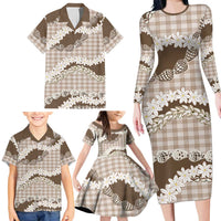 Brown Hawaii Tiare and Shell Lei Family Matching Long Sleeve Bodycon Dress and Hawaiian Shirt Hawaiian Palaka Luxury Vibes LT14 - Polynesian Pride