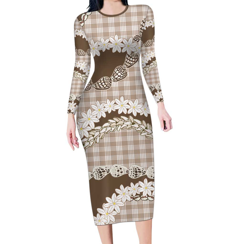 Brown Hawaii Tiare and Shell Lei Family Matching Long Sleeve Bodycon Dress and Hawaiian Shirt Hawaiian Palaka Luxury Vibes LT14 Mom's Dress Brown - Polynesian Pride