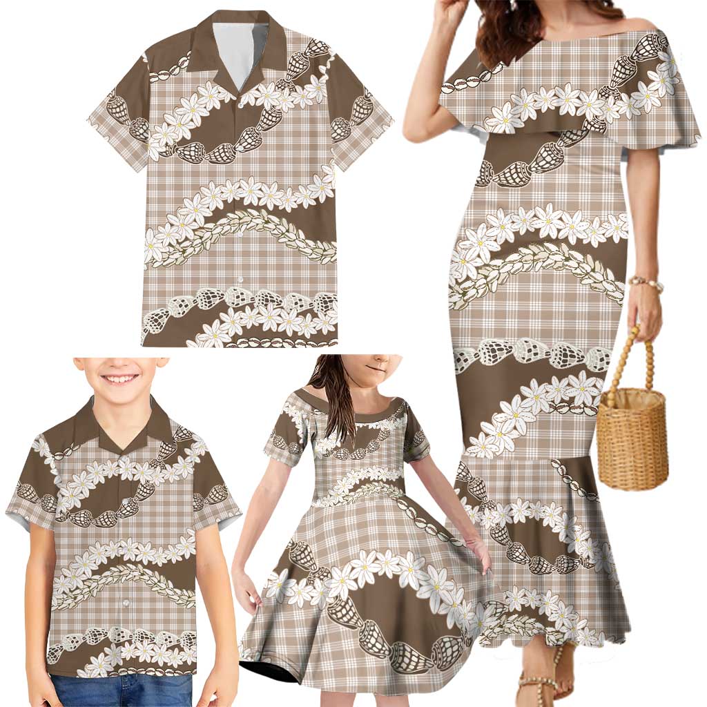 Brown Hawaii Tiare and Shell Lei Family Matching Mermaid Dress and Hawaiian Shirt Hawaiian Palaka Luxury Vibes - Polynesian Pride