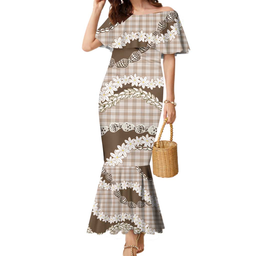 Brown Hawaii Tiare and Shell Lei Family Matching Mermaid Dress and Hawaiian Shirt Hawaiian Palaka Luxury Vibes LT14 Mom's Dress Brown - Polynesian Pride