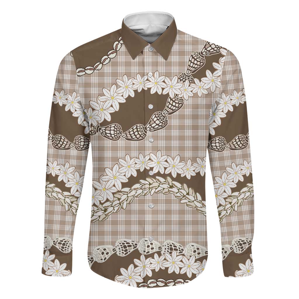 Brown Hawaii Tiare and Shell Lei Family Matching Off The Shoulder Long Sleeve Dress and Hawaiian Shirt Hawaiian Palaka Luxury Vibes LT14 Dad's Shirt - Long Sleeve Brown - Polynesian Pride