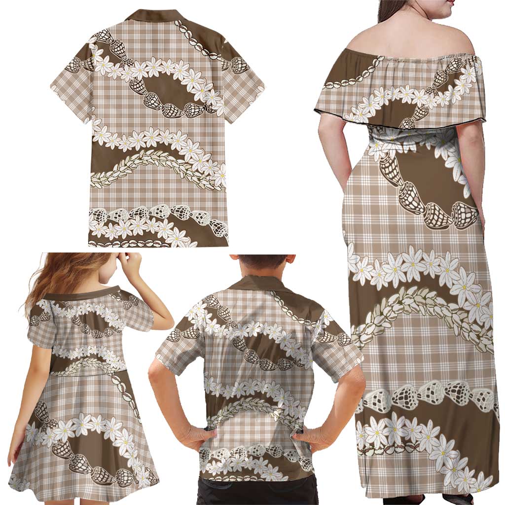 Brown Hawaii Tiare and Shell Lei Family Matching Off Shoulder Maxi Dress and Hawaiian Shirt Hawaiian Palaka Luxury Vibes LT14 - Polynesian Pride