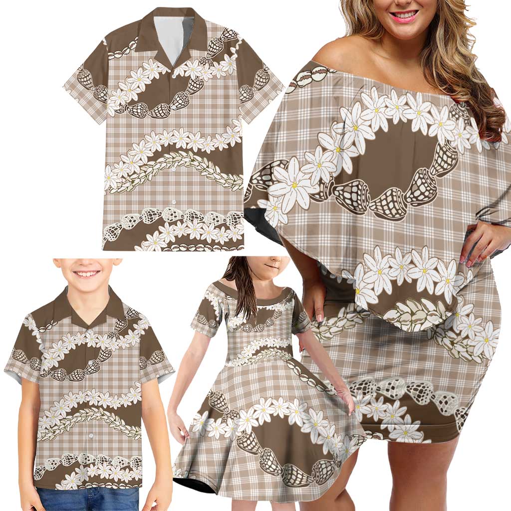 Brown Hawaii Tiare and Shell Lei Family Matching Off Shoulder Short Dress and Hawaiian Shirt Hawaiian Palaka Luxury Vibes LT14 - Polynesian Pride