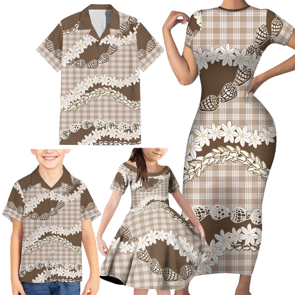 Brown Hawaii Tiare and Shell Lei Family Matching Short Sleeve Bodycon Dress and Hawaiian Shirt Hawaiian Palaka Luxury Vibes - Polynesian Pride