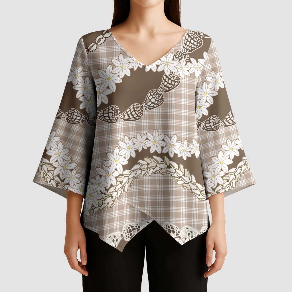Brown Hawaii Tiare and Shell Lei Kimono Sleeve Blouse Hawaiian Palaka Luxury Vibes - Polynesian Pride