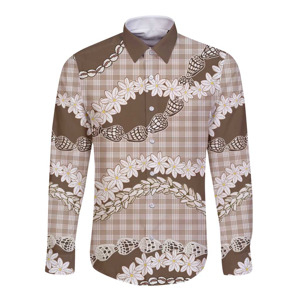 Brown Hawaii Tiare and Shell Lei Long Sleeve Button Shirt Hawaiian Palaka Luxury Vibes - Polynesian Pride
