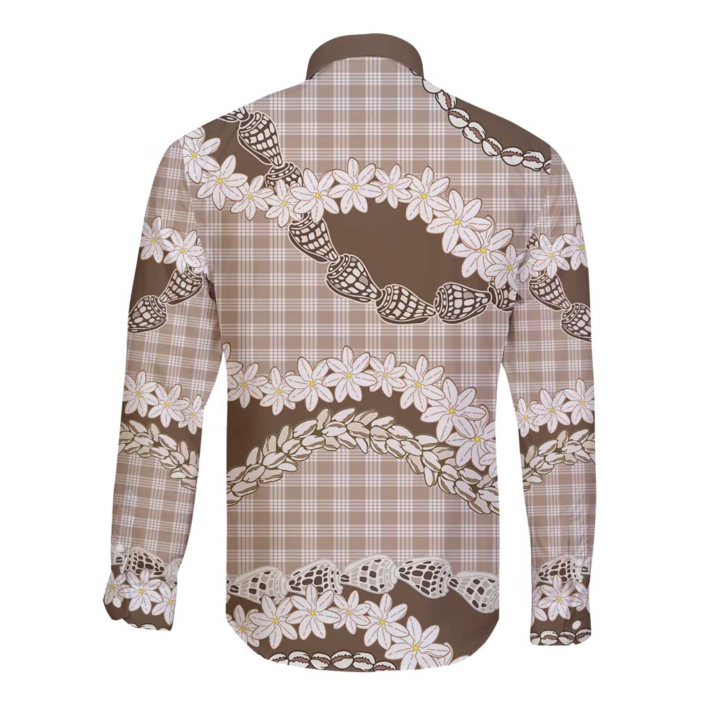 Brown Hawaii Tiare and Shell Lei Long Sleeve Button Shirt Hawaiian Palaka Luxury Vibes - Polynesian Pride